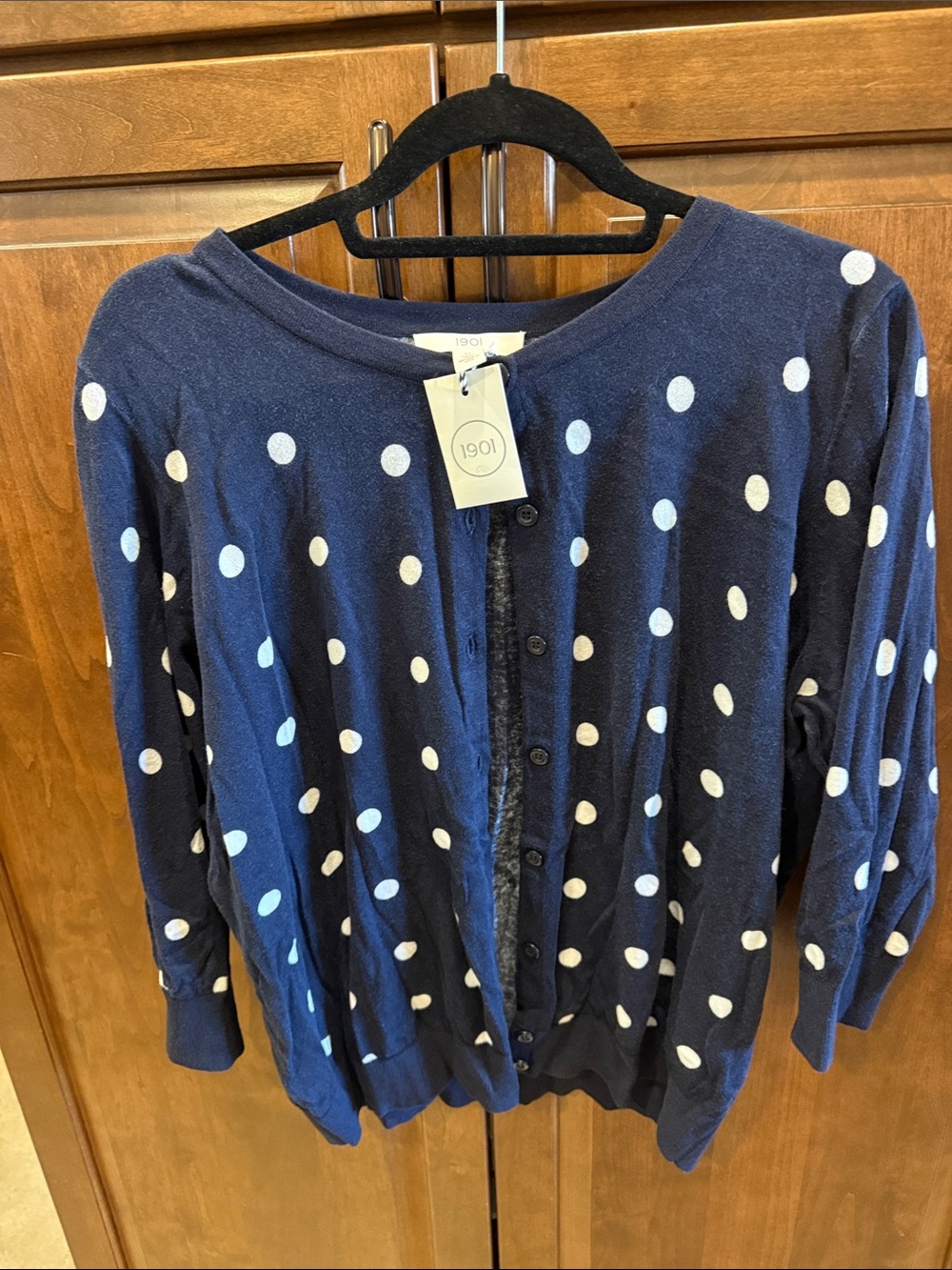 1901 Navy and White Polka Dot Button-Up Cardigan